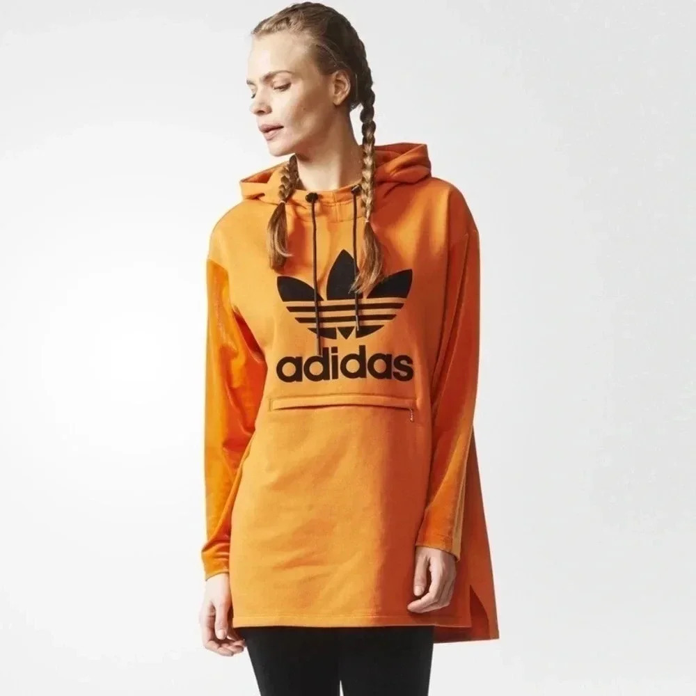 Adidas Trefoil Velour Sleeves Hoodie Sweatshirt Orange Womens Small